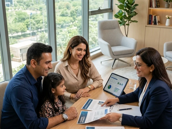 Counsellor helping parents review admission documents