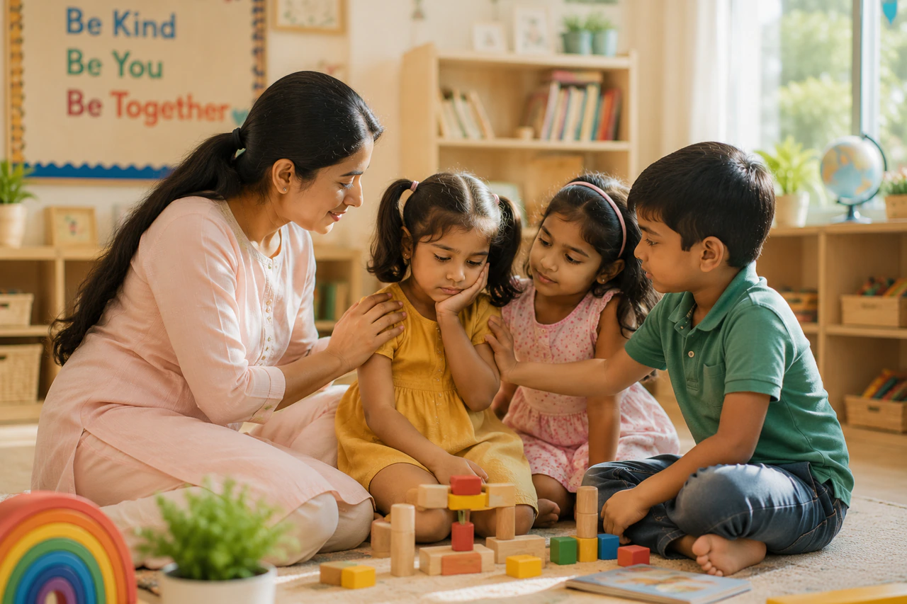 Teacher comforting a young child with classmates offering support
