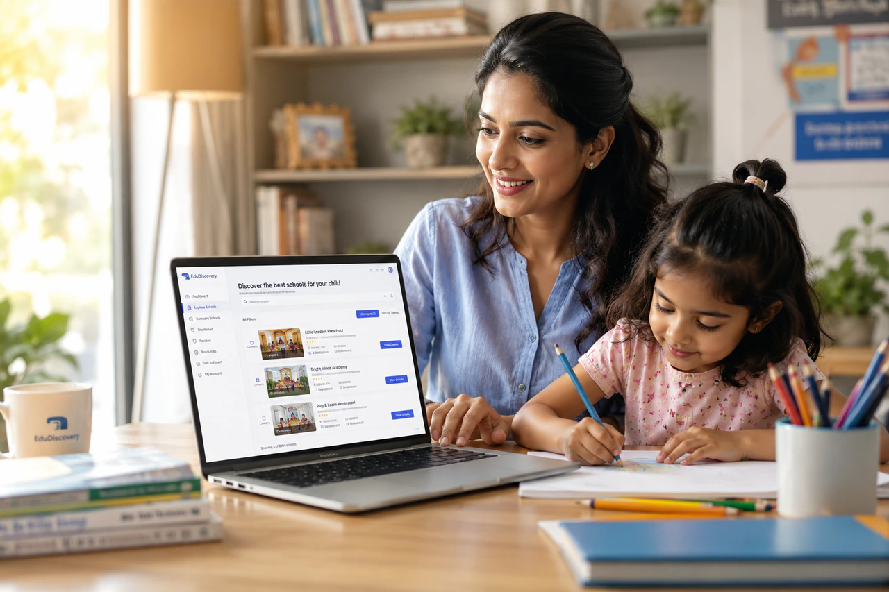 Mother and daughter exploring schools on the EduDiscovery platform