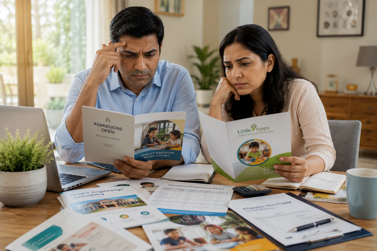 Parents reviewing school brochures and admission forms with concern